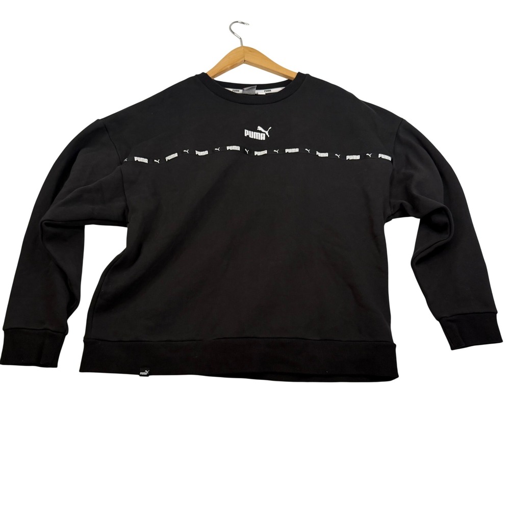 Puma Womens Black Logo Tape Crewneck Sweatshirt Pullover Size L Relaxed Fit